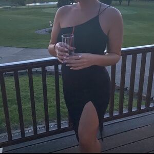 Midi One shoulder Black body con dress with slit